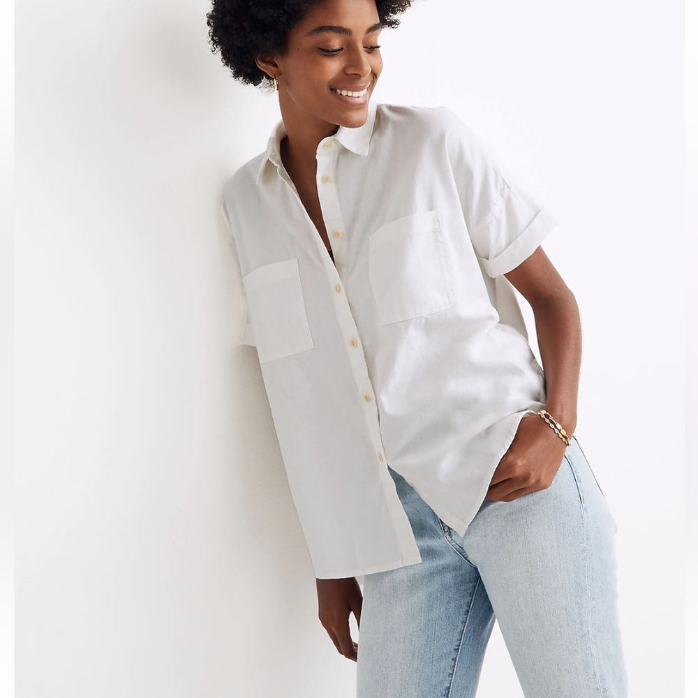 NEW Madewell Sz S White Cotton Courier Shirt Short Sleeve Button Up Boxy Natural - Picture 1 of 17